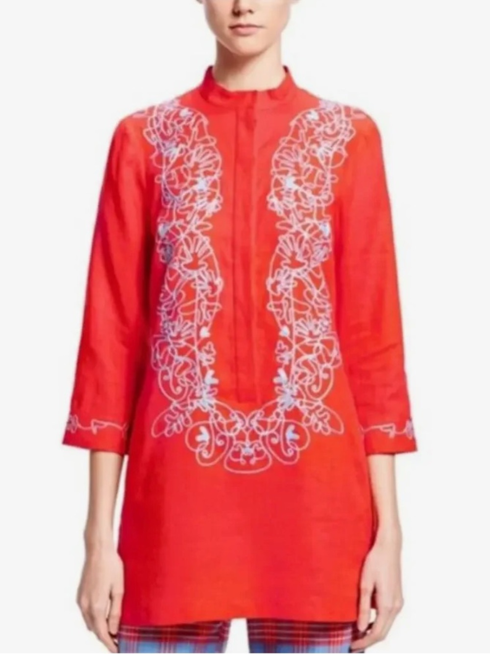 Brooks Brothers Zac Posen 100% Linen Embroidered Coral and Blue Tunic Size 8